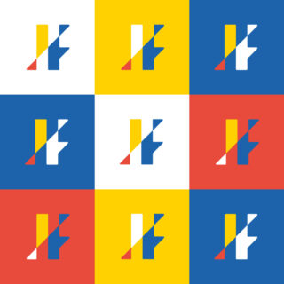 A colorfull mosaic showing the color variations applied on the Futura Hospitality logotype