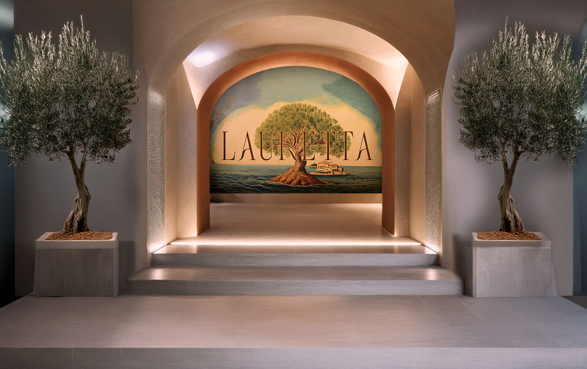 Clean, minimalistic and luxury entrance at the Lauretta Restaurant